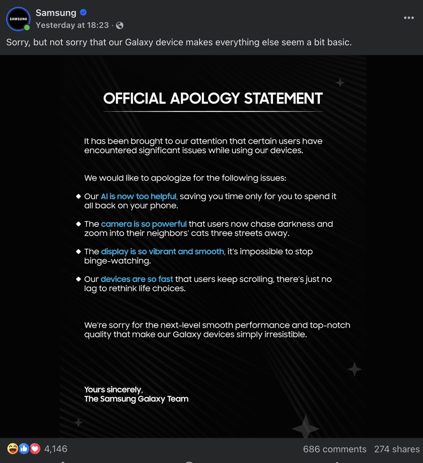 Samsung vừa mới phải đăng bài "xin lỗi" nhưng chỉ thấy người dùng vào "haha", chuyện gì đang xảy ra vậy?- Ảnh 1.