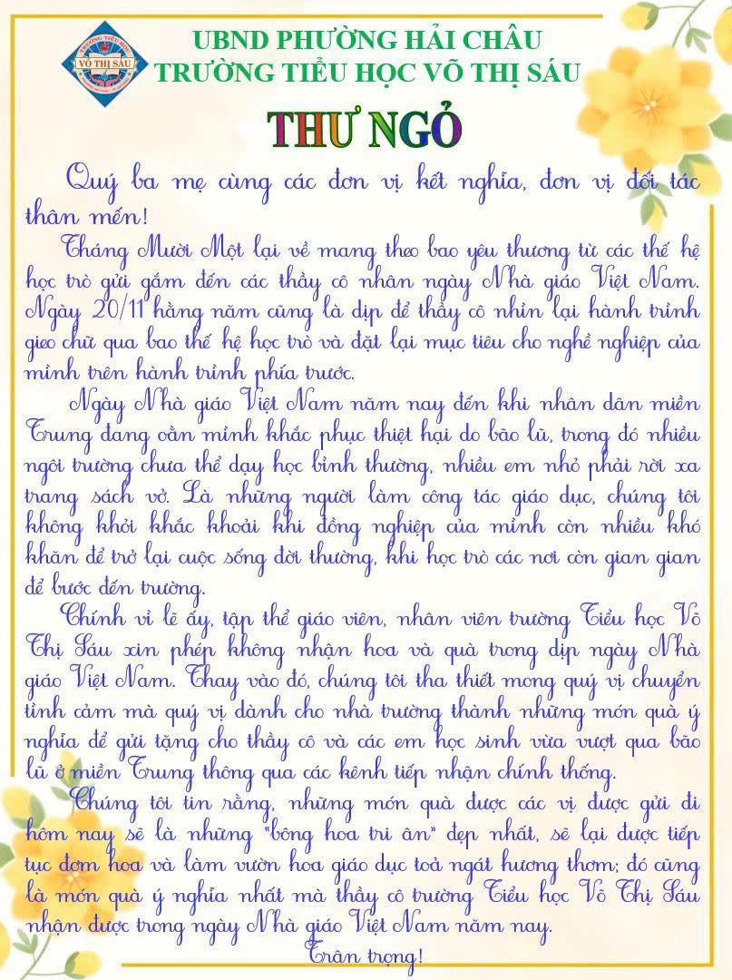 Lá thư gây xúc động của tập thể giáo viên một trường học ở Đà Nẵng trước ngày 20-11- Ảnh 2. Lá thư gây xúc động của tập thể giáo viên một trường học ở Đà Nẵng trước ngày 20-11- Ảnh 2.