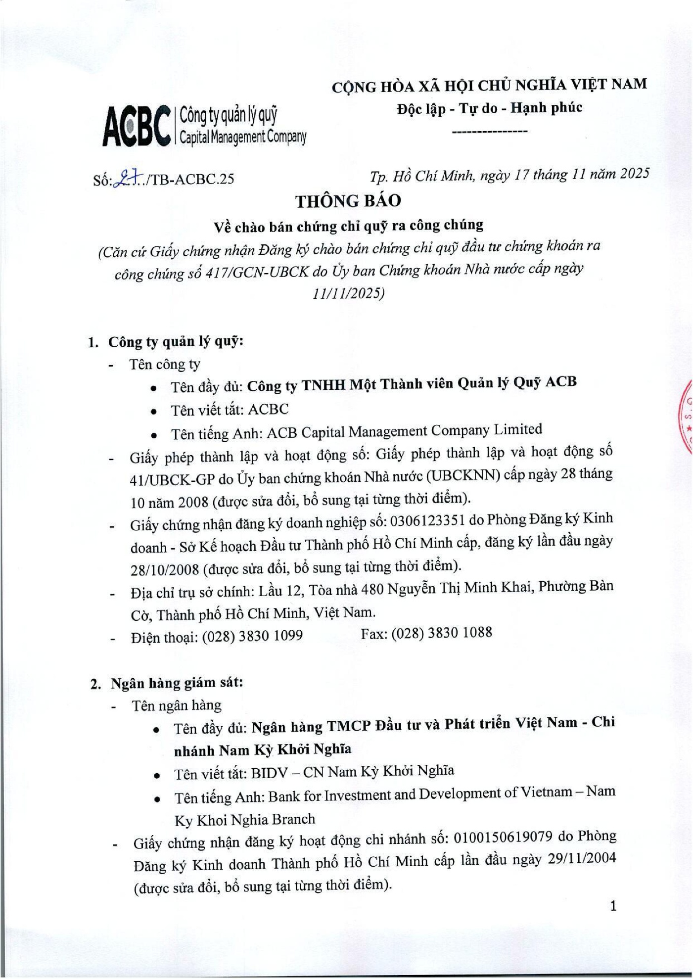 Công ty TNHH MTV Quản lý Quỹ ACB (“ACBC”) thông báo chào bán chứng chỉ Quỹ ACBC-AGF ra công chúng- Ảnh 1. Công ty TNHH MTV Quản lý Quỹ ACB (“ACBC”) thông báo chào bán chứng chỉ Quỹ ACBC-AGF ra công chúng- Ảnh 1.