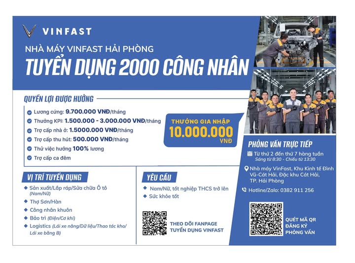 VinFast ồ ạt tuyển 4.500 lao động tại Hải Phòng, Hà Tĩnh: Công nhân đạt chỉ tiêu được thưởng luôn 10 triệu đồng, lương kỹ sư lên đến 38 triệu đồng- Ảnh 2.