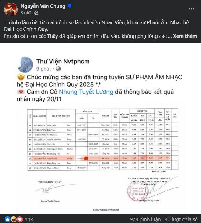 42 tuổi, nhạc sĩ tỷ view Nguyễn Văn Chung đỗ đại học- Ảnh 1.