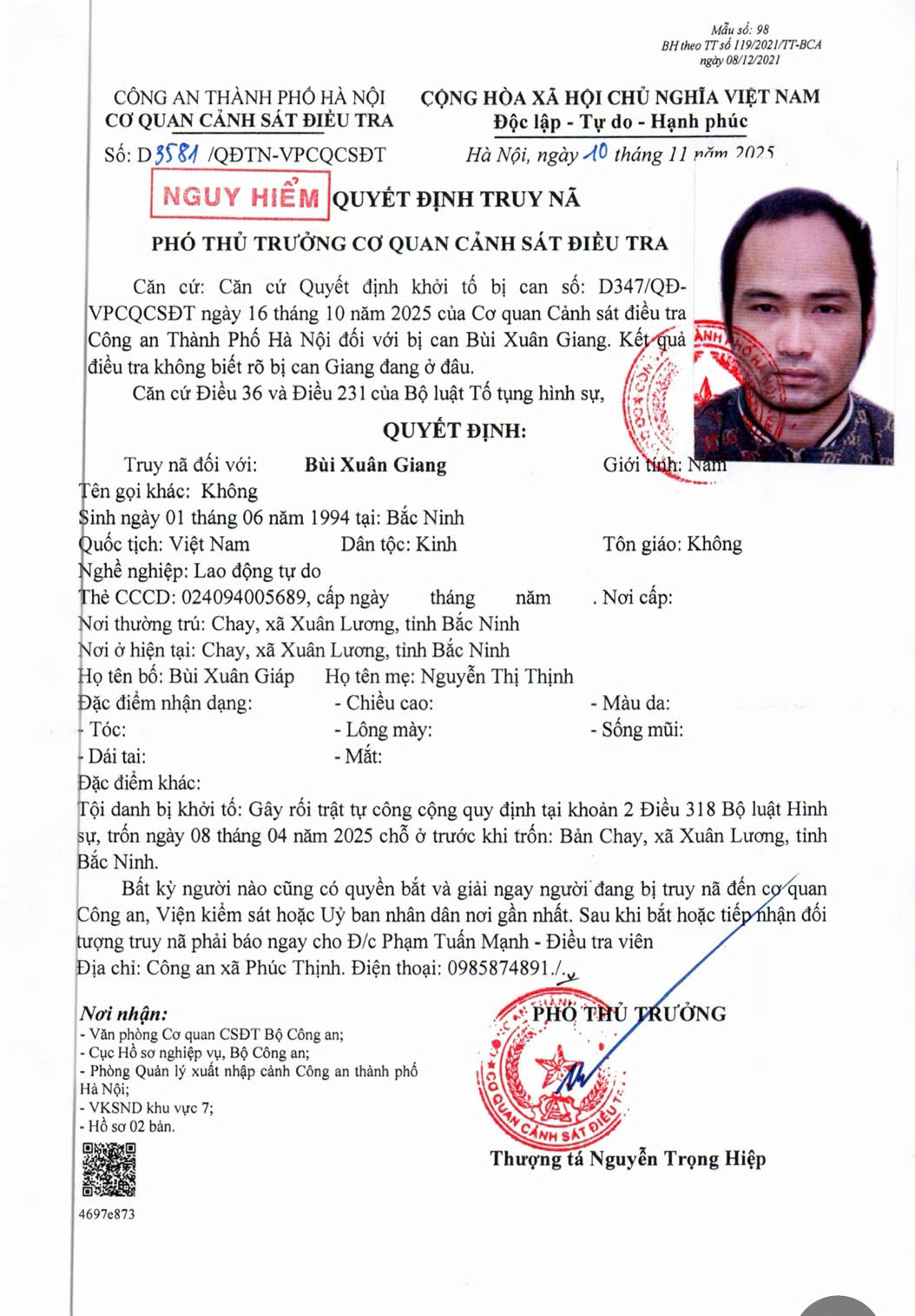 Quyết định truy nã Bùi Xuân Giang- Ảnh 1. Quyết định truy nã Bùi Xuân Giang- Ảnh 1.