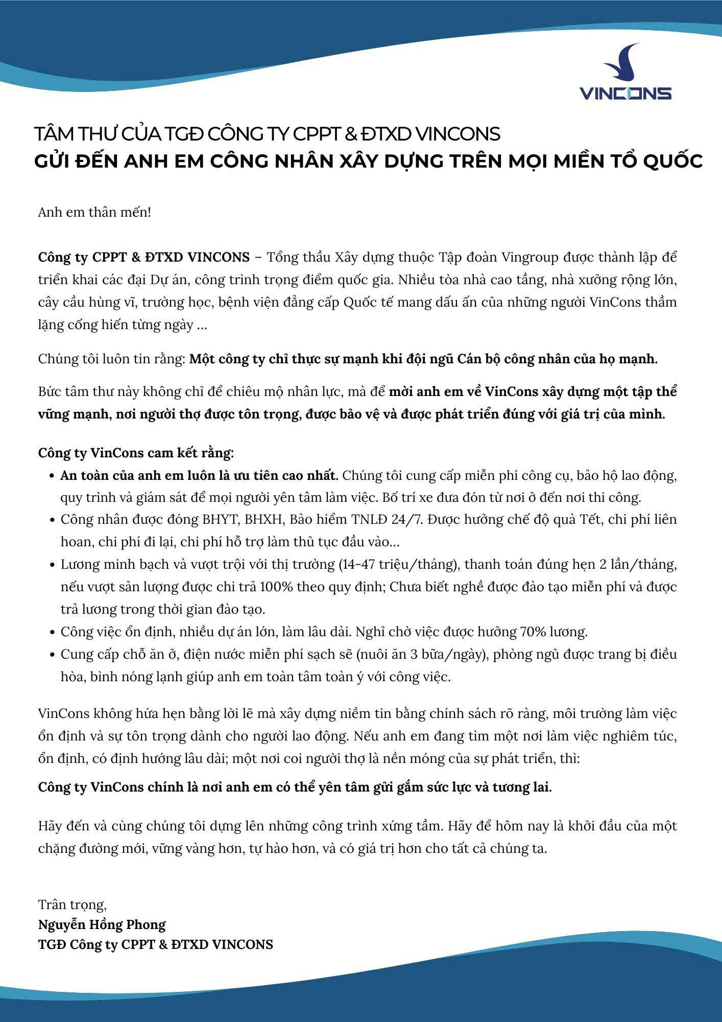 TGĐ công ty xây dựng của Vingroup viết tâm thư: Mời gọi công nhân "dựng xây công trình xứng tầm" với thu nhập tới 47 triệu/tháng- Ảnh 2.