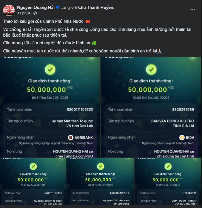 Quang Hải - Chu Thanh Huyền liên tục chuyển khoản 50 triệu đồng- Ảnh 1.