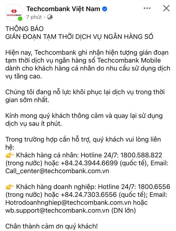 Một ngân hàng thông báo khẩn về tình trạng gián đoạn dịch vụ chuyển khoản- Ảnh 1.