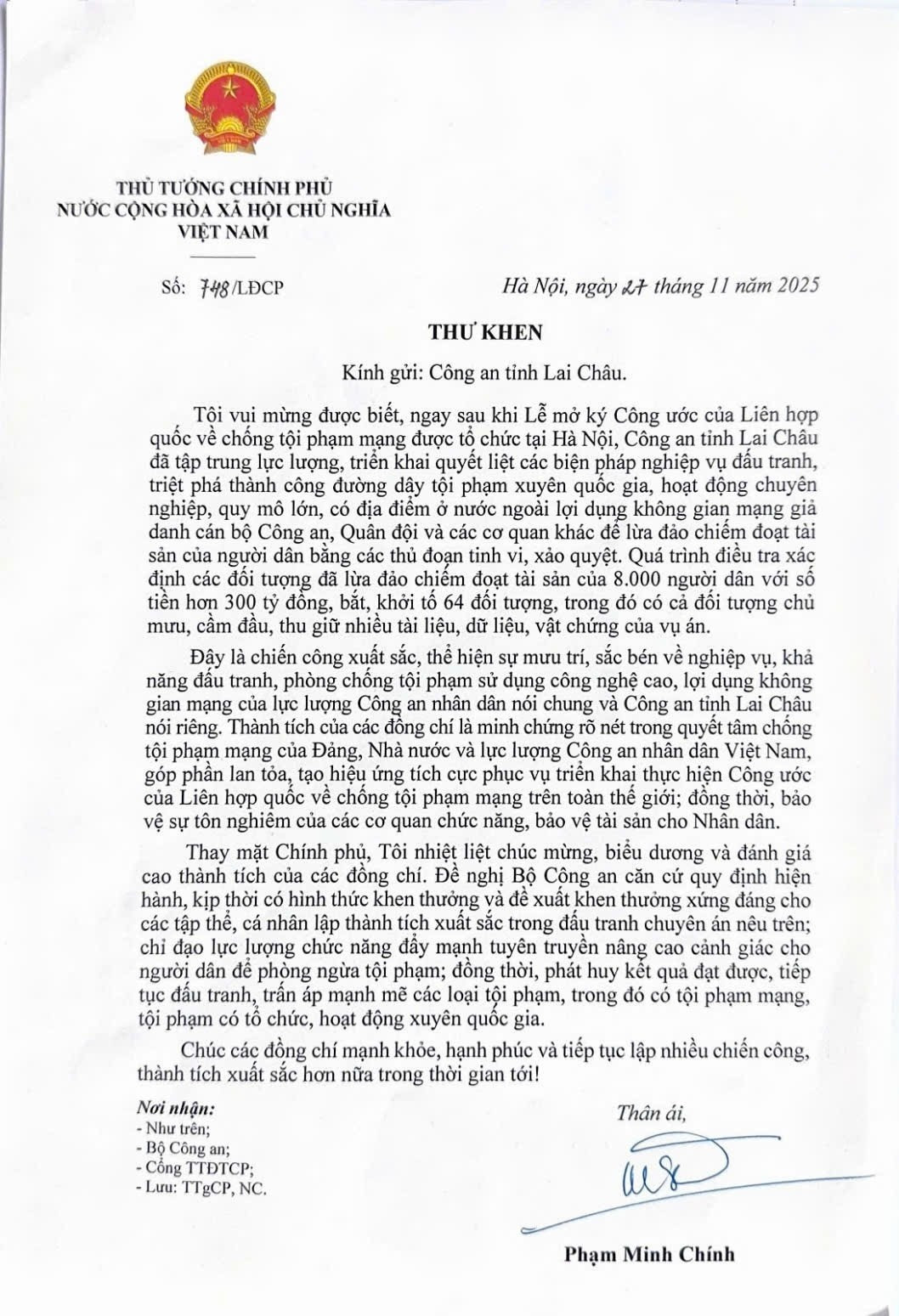 Thủ tướng gửi thư khen Công an tỉnh Lai Châu về chiến công triệt phá đường dây lừa đảo quy mô lớn- Ảnh 1.
