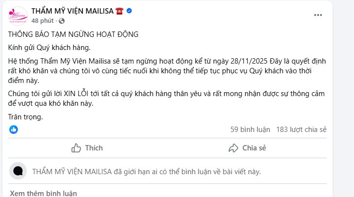 Thẩm mỹ viện Mailisa ngừng hoạt động toàn hệ thống từ 28/11- Ảnh 1.