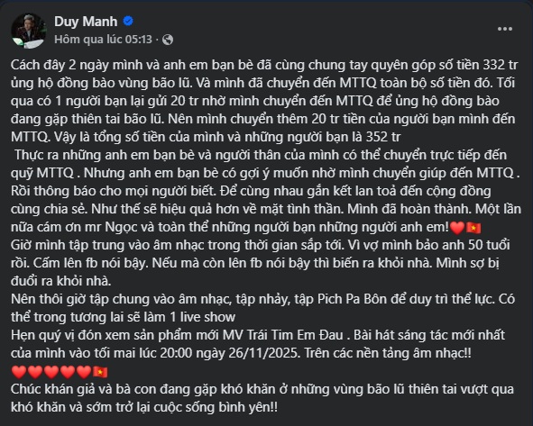 Duy Mạnh lên tiếng về khoản tiền từ thiện 352 triệu đồng- Ảnh 1.