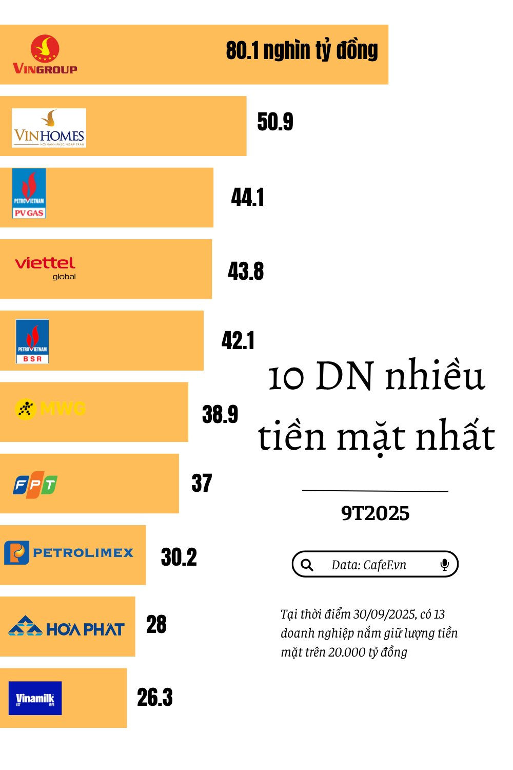Các ông vua tiền mặt trên sàn chứng khoán: Vingroup "vô địch", MWG gấp 4 lần đầu năm, 5 doanh nghiệp có trên 40.000 tỷ- Ảnh 1.