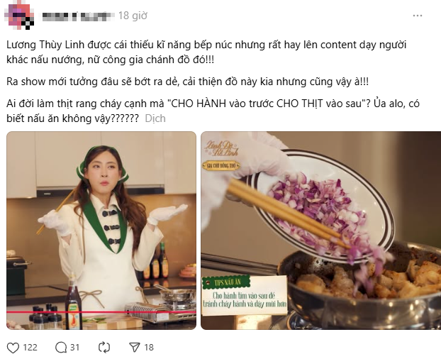 Hoa hậu Lương Thùy Linh nấu thịt rang cháy cạnh mà bị dân mạng 