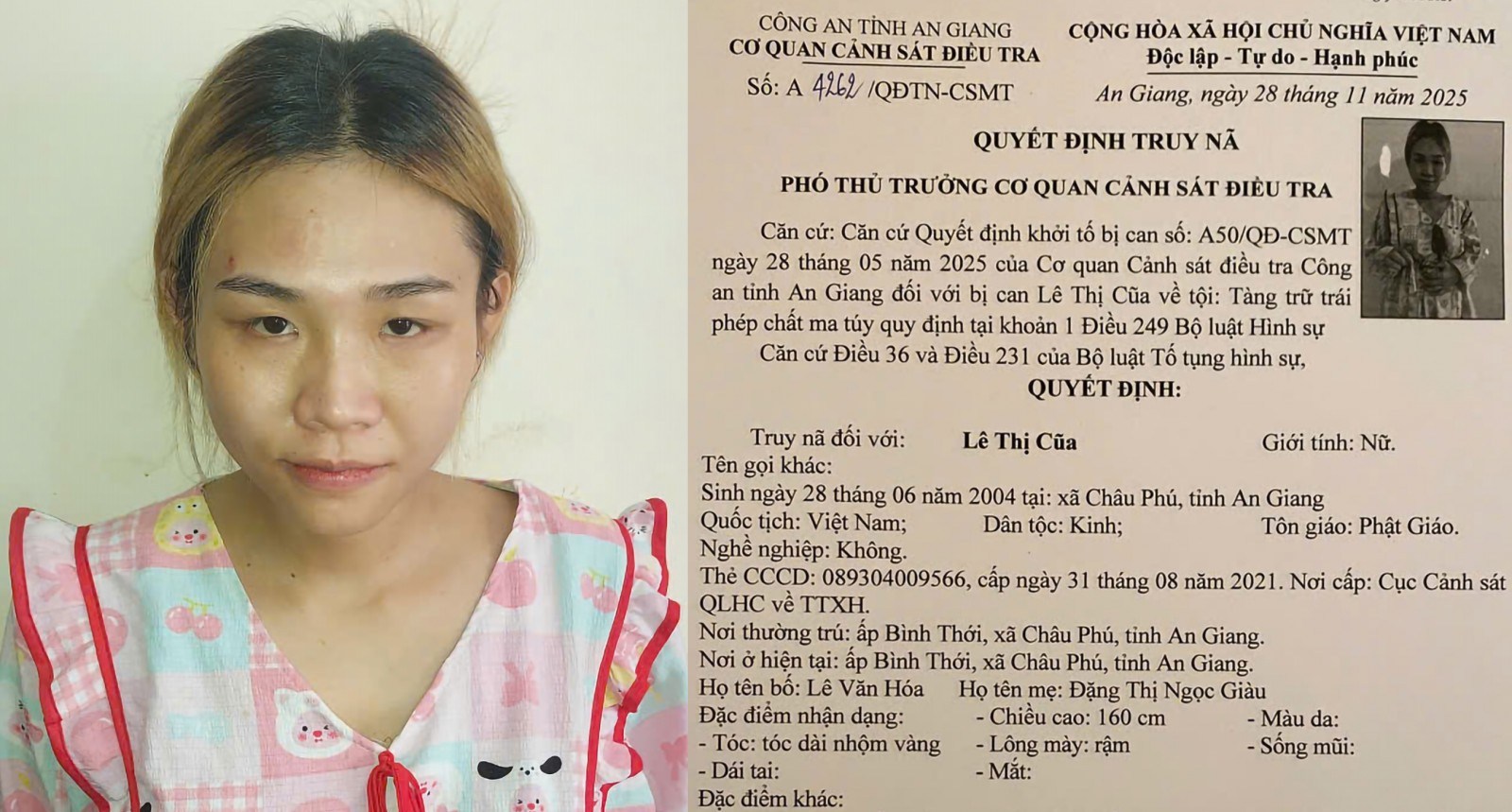 Ra quyết định truy nã Lê Thị Cũa sinh năm 2004- Ảnh 1. Ra quyết định truy nã Lê Thị Cũa sinh năm 2004- Ảnh 1.