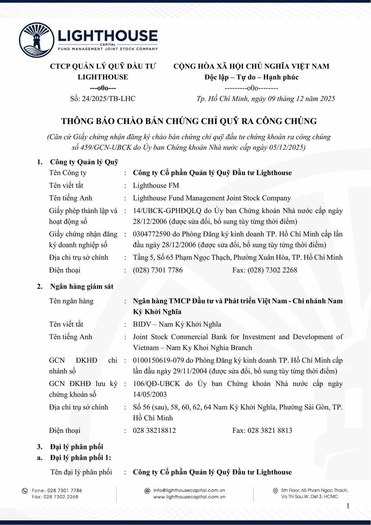 Lighthouse Capital thông báo chào bán chứng chỉ Quỹ LHFCF ra công chúng- Ảnh 1. Lighthouse Capital thông báo chào bán chứng chỉ Quỹ LHFCF ra công chúng- Ảnh 1.