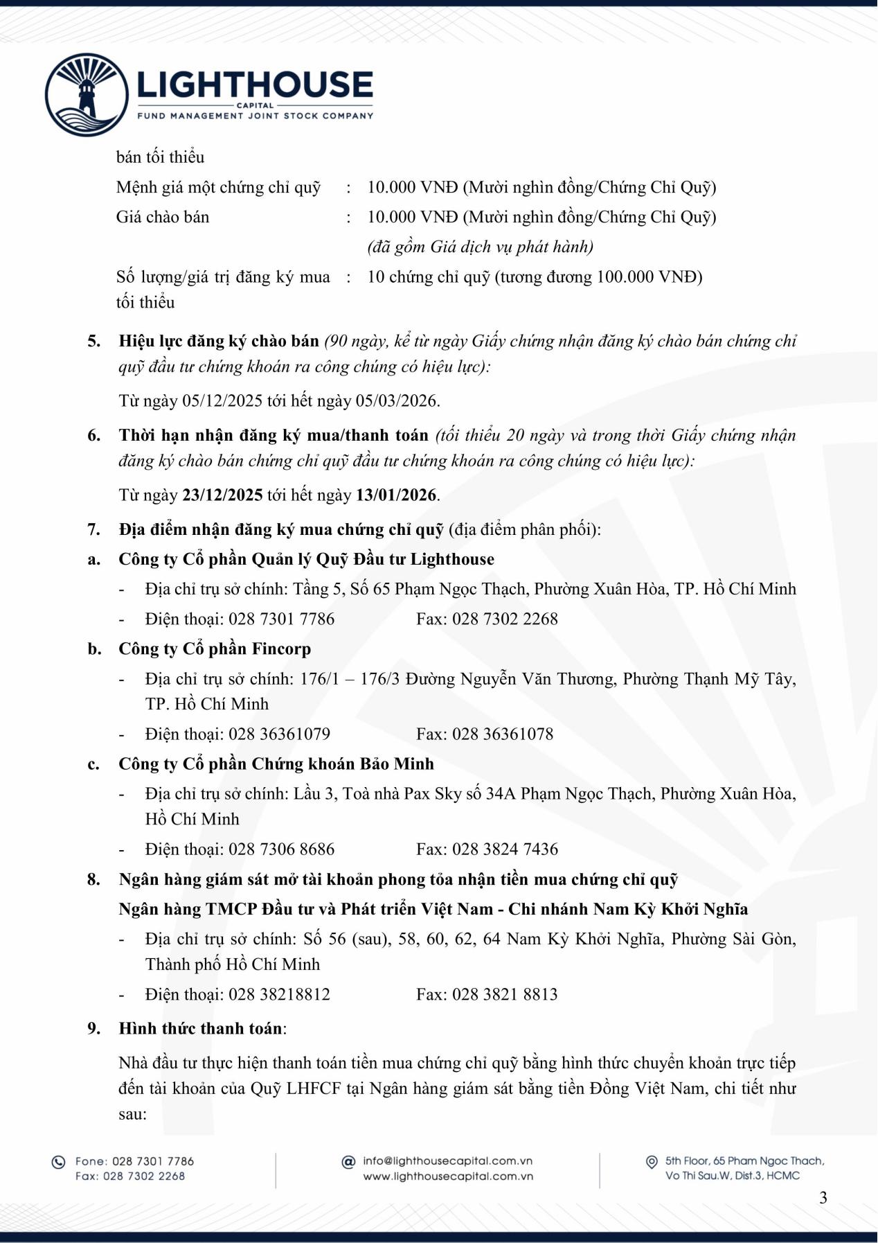 Lighthouse Capital thông báo chào bán chứng chỉ Quỹ LHFCF ra công chúng- Ảnh 3. Lighthouse Capital thông báo chào bán chứng chỉ Quỹ LHFCF ra công chúng- Ảnh 3.
