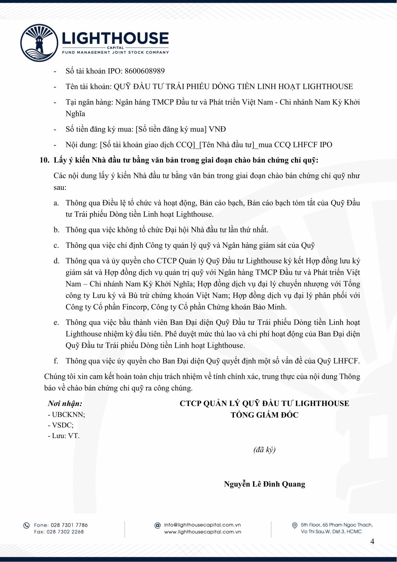 Lighthouse Capital thông báo chào bán chứng chỉ Quỹ LHFCF ra công chúng- Ảnh 4. Lighthouse Capital thông báo chào bán chứng chỉ Quỹ LHFCF ra công chúng- Ảnh 4.
