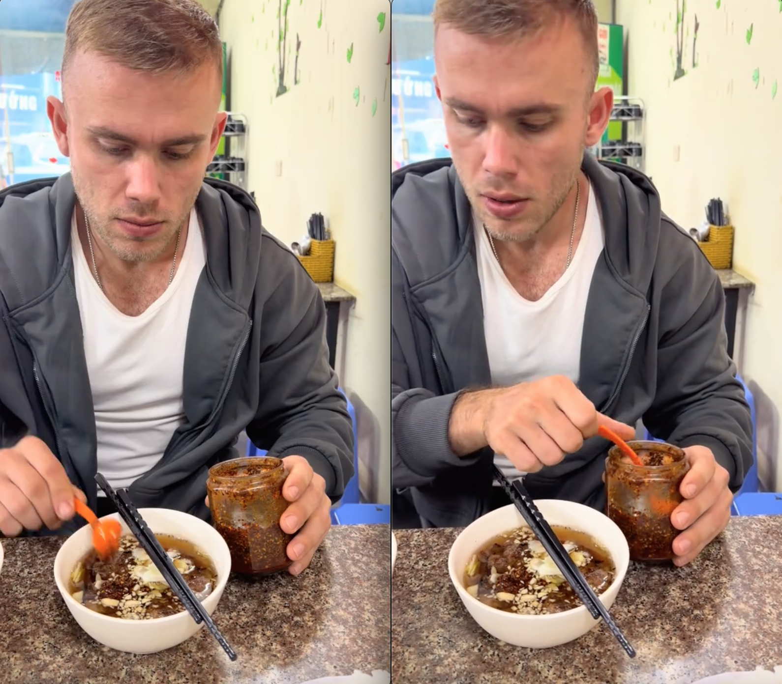 Nhìn khách Tây ăn bún chả, dân mạng Việt hết hồn vì "tưởng anh ấy vừa đi bốc vác về" - Ảnh 1. Nhìn khách Tây ăn bún chả, dân mạng Việt hết hồn vì "tưởng anh ấy vừa đi bốc vác về" - Ảnh 1.