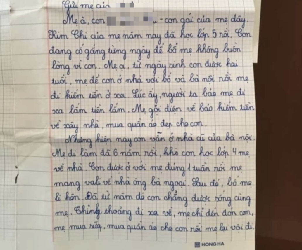 Bức thư nữ sinh lớp 5 gửi mẹ xúc động: "Người ta bảo mẹ đi xa lắm tiền, mẹ bảo kiếm tiền xây nhà, mua quần áo đẹp cho con"- Ảnh 1.