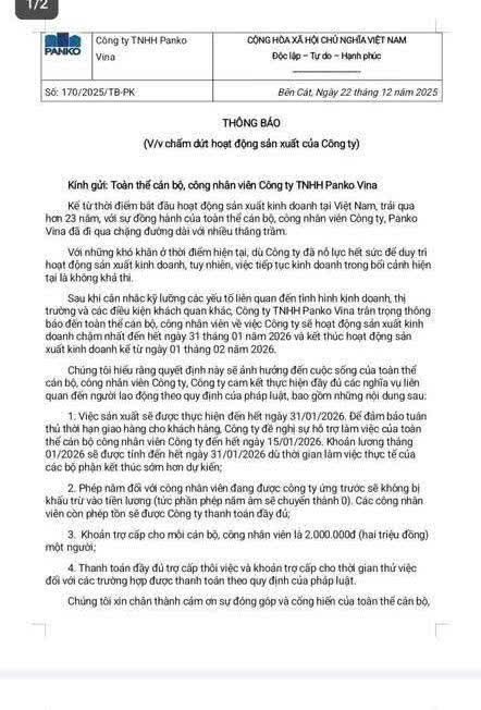 Một doanh nghiệp FDI hơn 23 năm sản xuất kinh doanh tại Việt Nam công bố chấm dứt hoạt động - Ảnh 1.