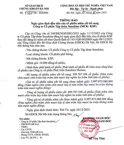 Gần 600 triệu cổ phiếu bổ sung của Sunshine Group được giao dịch từ 24/12 - Ảnh 1.