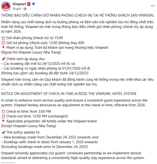 Từ năm 2026, hệ thống khách sạn Vinpearl thông báo lùi giờ check-in 1 tiếng- Ảnh 1.