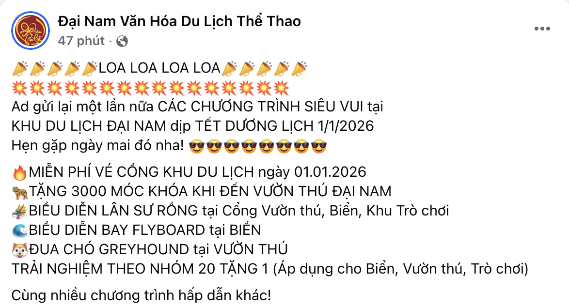 KDL Đại Nam của bà Nguyễn Phương Hằng tung tin vui đúng 1/1/2026- Ảnh 1. KDL Đại Nam của bà Nguyễn Phương Hằng tung tin vui đúng 1/1/2026- Ảnh 1.