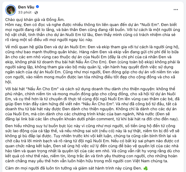 Đen Vâu lên tiếng làm rõ mối quan hệ giữa bản thân và Dự án Nuôi Em- Ảnh 1. Đen Vâu lên tiếng làm rõ mối quan hệ giữa bản thân và Dự án Nuôi Em- Ảnh 1.