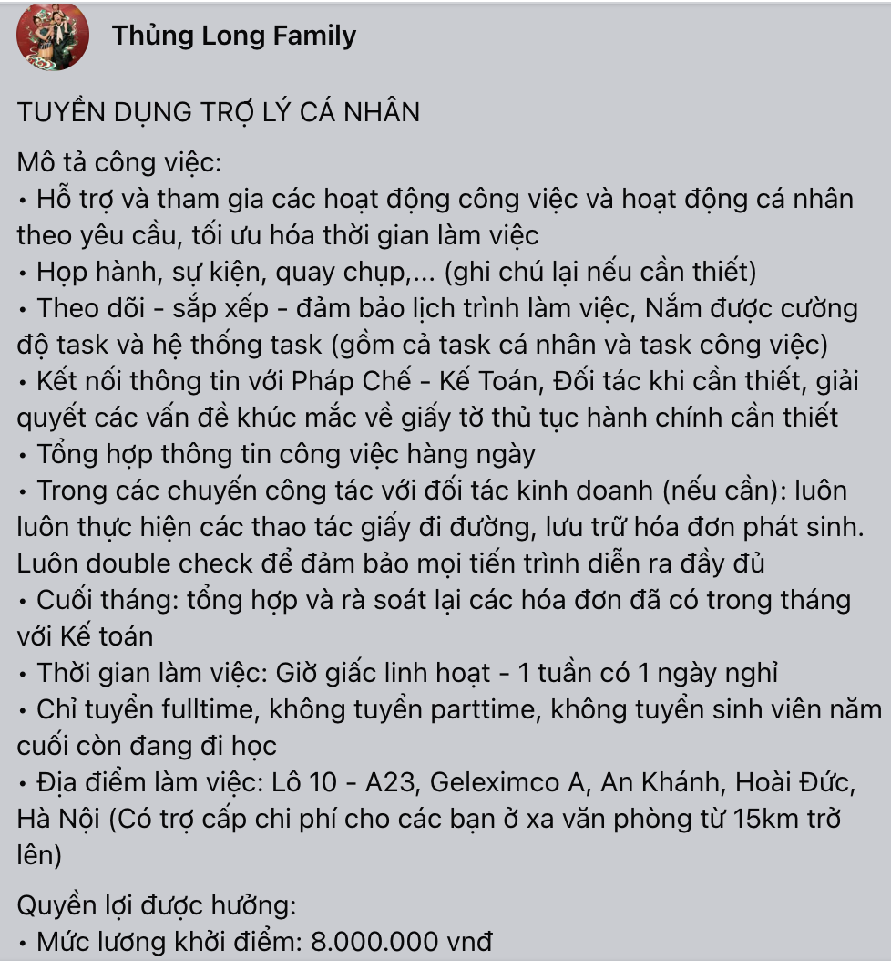 Thủng Long Family sau vụ tuyển trợ lý lương 8 triệu bị so với giúp việc: Bất ngờ có gần 500 CV gửi về sau 1 tuần ồn ào- Ảnh 1. Thủng Long Family sau vụ tuyển trợ lý lương 8 triệu bị so với giúp việc: Bất ngờ có gần 500 CV gửi về sau 1 tuần ồn ào- Ảnh 1.