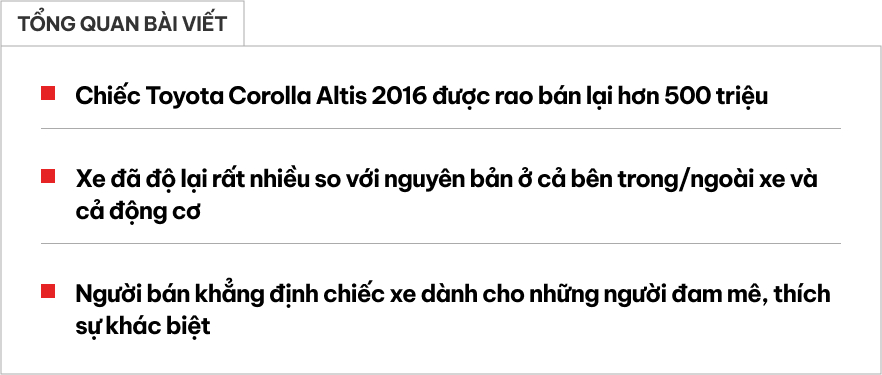 Rao Toyota Corolla Altis độ kiểu xe đua giá hơn 500 triệu, người bán chia sẻ: ‘Đồ chơi giá trị ngang xe’- Ảnh 1. Rao Toyota Corolla Altis độ kiểu xe đua giá hơn 500 triệu, người bán chia sẻ: ‘Đồ chơi giá trị ngang xe’- Ảnh 1.