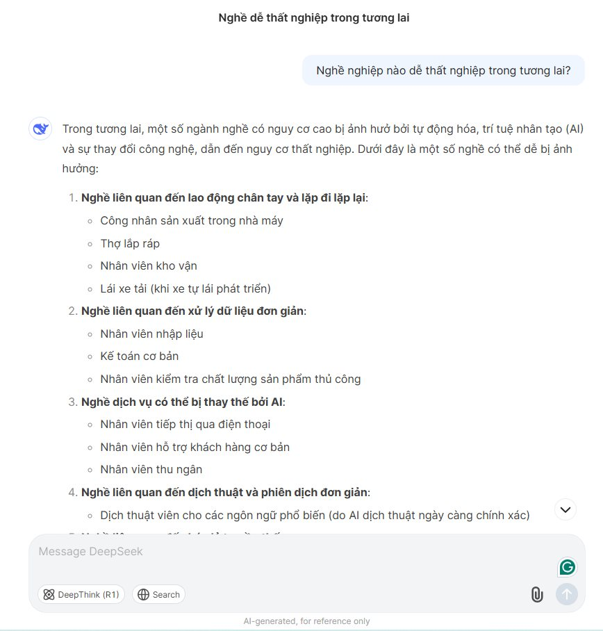 "Nghề nghiệp nào dễ thất nghiệp trong tương lai?" - DeepSeek và ChatGPT trả lời sao?- Ảnh 2.