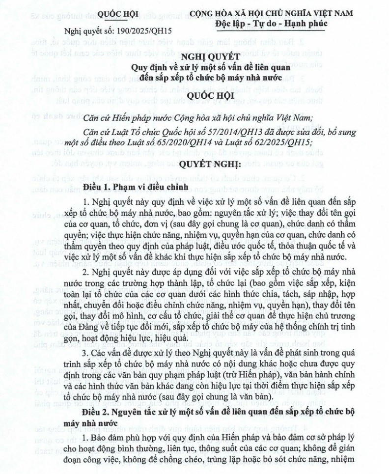 TOÀN VĂN: NGHỊ QUYẾT 190/2025/QH15 CỦA QUỐC HỘI VỀ SẮP XẾP TỔ CHỨC BỘ MÁY NHÀ NƯỚC- Ảnh 2.