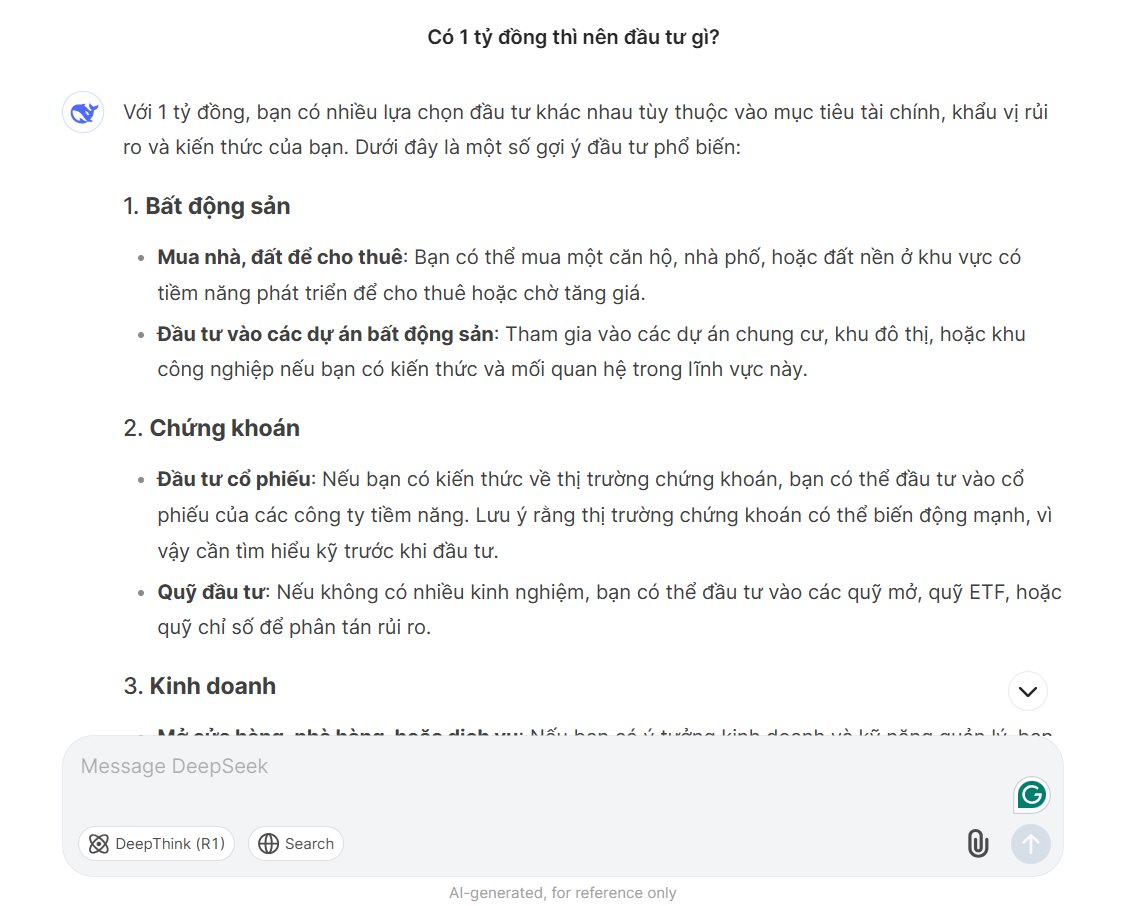 Cùng hỏi ChatGPT và DeepSeek có 1 tỷ đồng thì nên đầu tư vào đâu, 2 công cụ AI trả lời sao?- Ảnh 2.