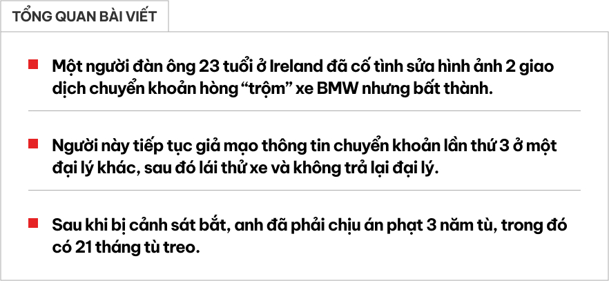 Một người bị phạt 3 năm tù vì giả mạo chuyển khoản ngân hàng rồi 'trộm' xe BMW- Ảnh 1.