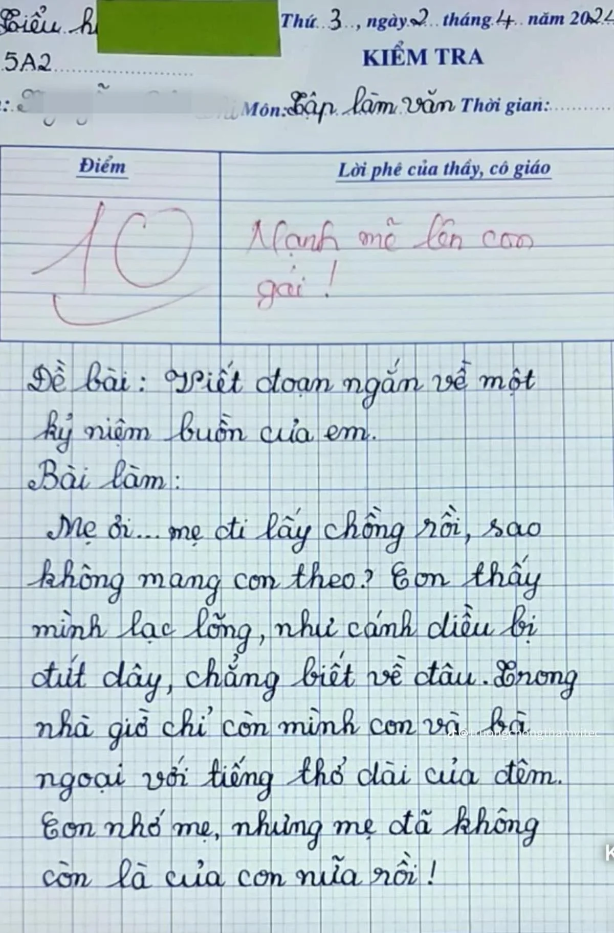 Học sinh lớp 5 viết văn kể kỷ niệm buồn được cô giáo chấm 10 điểm: Hàng triệu dân mạng đọc xong thì rơi nước mắt- Ảnh 1.