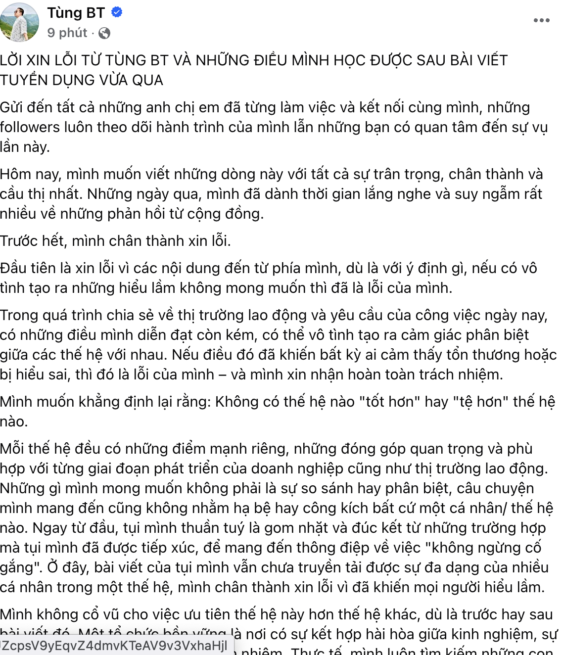 Sau khi hứng ‘cơn mưa gạch đá’ về chuyện tuyển dụng, Tùng BT chính thức xin lỗi: Không có thế hệ nào 'tốt hơn' hay 'tệ hơn' thế hệ nào!- Ảnh 2.