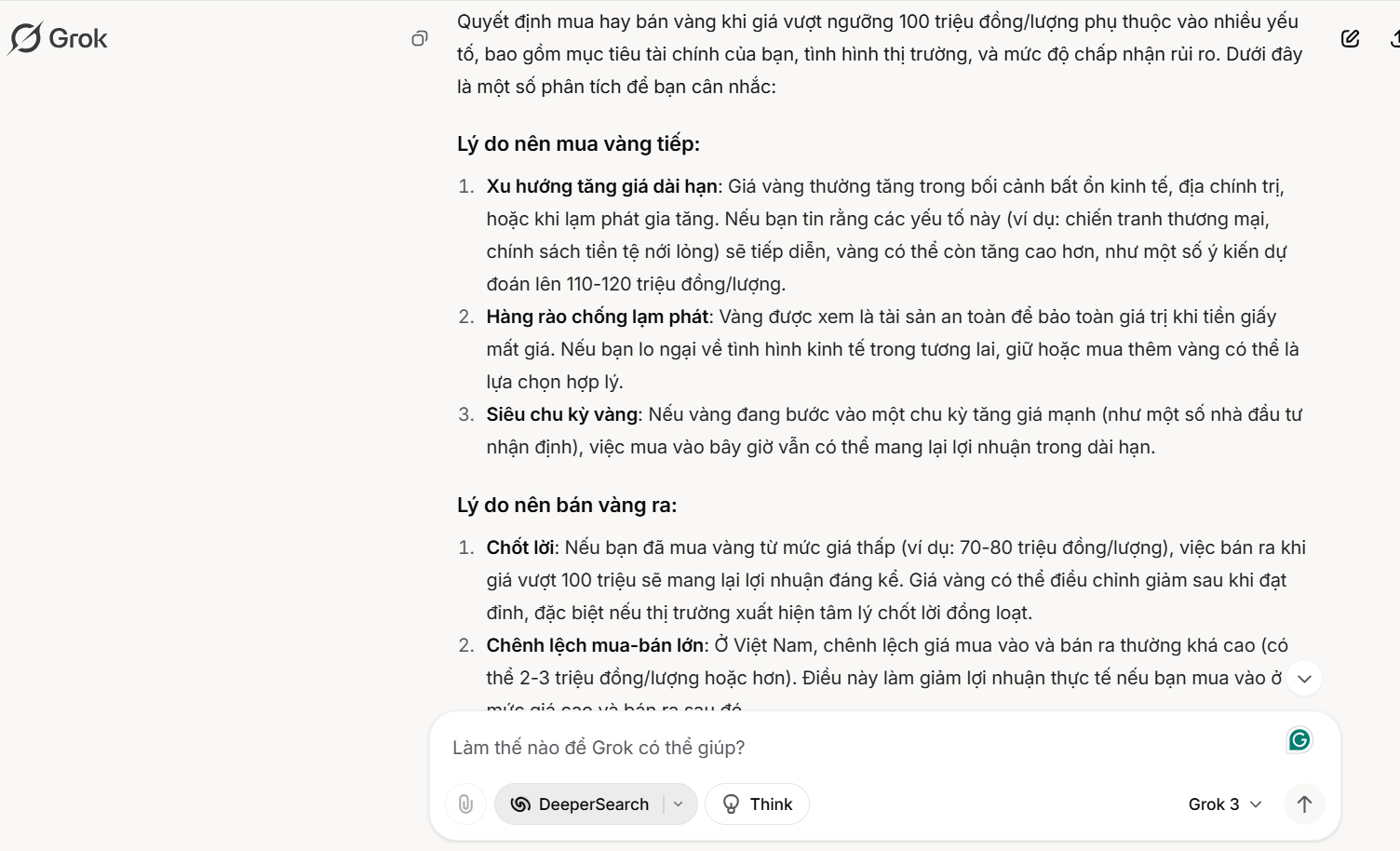 "Nên mua vàng tiếp hay bán vàng ra khi vàng vượt ngưỡng 100 triệu đồng/lượng?" - Grok 3 và ChatGPT trả lời sao?- Ảnh 1.