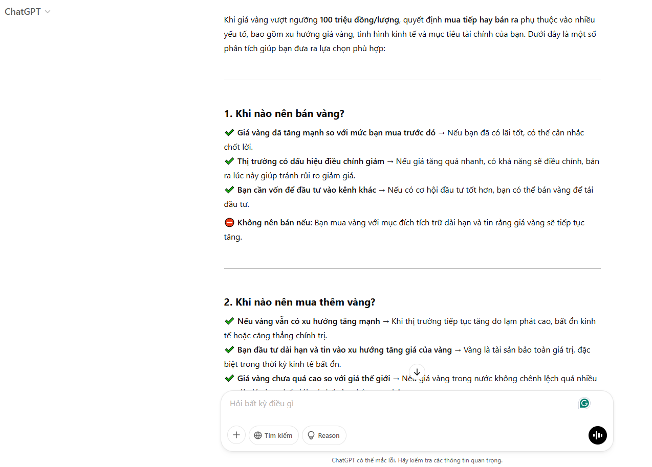 "Nên mua vàng tiếp hay bán vàng ra khi vàng vượt ngưỡng 100 triệu đồng/lượng?" - Grok 3 và ChatGPT trả lời sao?- Ảnh 2.