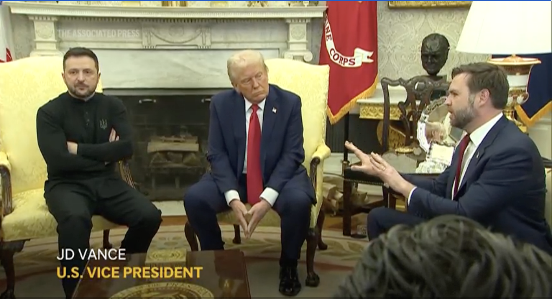 Tổng thống Donald Trump và Phó Tổng thống JD Vance có cuộc trao đổi căng thẳng với Tổng thống Volodymyr Zelenskyy tại Nhà Trắng hôm 28-2. Ảnh chụp màn hình: US NETWORK POOL Tổng thống Donald Trump và Phó Tổng thống JD Vance có cuộc trao đổi căng thẳng với Tổng thống Volodymyr Zelenskyy tại Nhà Trắng hôm 28-2. Ảnh chụp màn hình: US NETWORK POOL