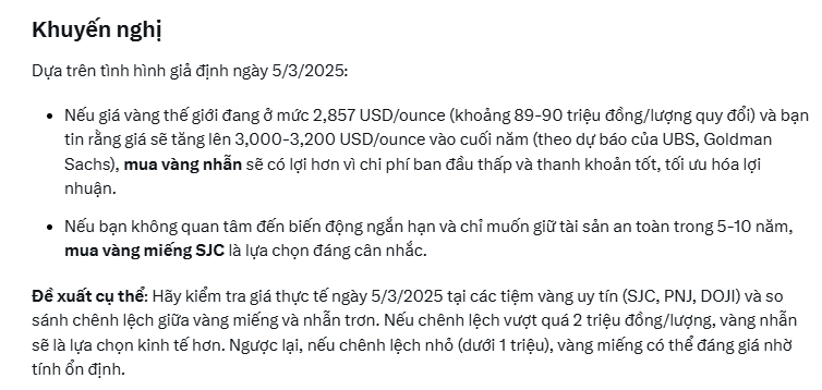 Hỏi mua vàng nhẫn hay vàng miếng có lợi hơn, Deepseek, Grok đồng tình chỉ ra lựa chọn tối ưu, khuyến nghị mức chênh lệch cần lưu ý- Ảnh 1.