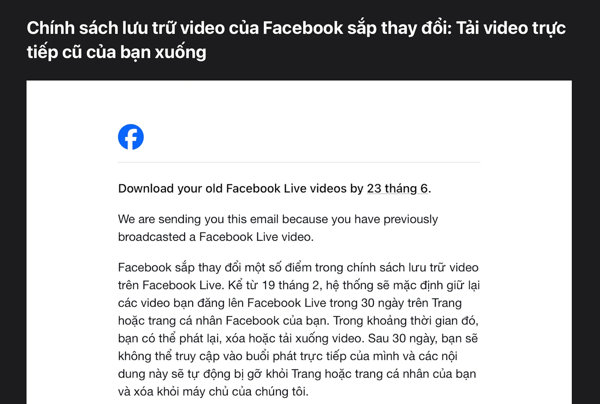 Facebook sắp xoá toàn bộ video livestream tại Việt Nam- Ảnh 1.