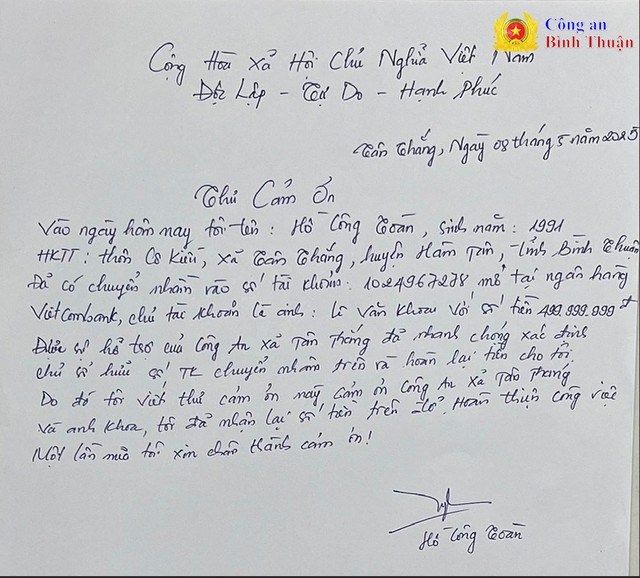 Người đàn ông đến trình báo, công an lập tức tiến hành xác minh nguồn gốc 500 triệu đồng bất ngờ được chuyển vào tài khoản Vietcombank- Ảnh 1.