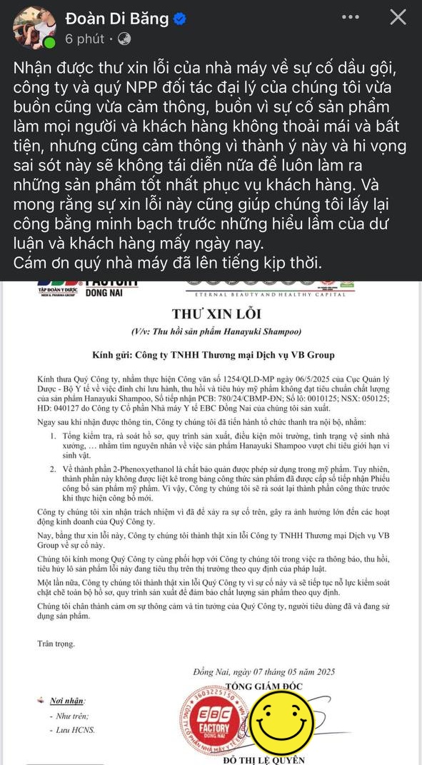 Diễn biến mới vụ dầu gội Hanayuki bị thu hồi, tiêu hủy: Nhà máy gửi thư xin lỗi công ty Đoàn Di Băng- Ảnh 2. Diễn biến mới vụ dầu gội Hanayuki bị thu hồi, tiêu hủy: Nhà máy gửi thư xin lỗi công ty Đoàn Di Băng- Ảnh 2.