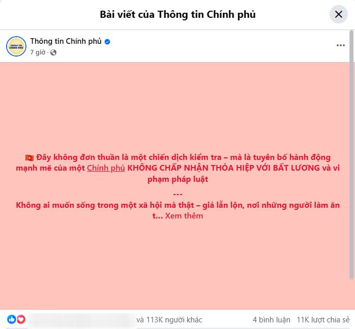 “Không chấp nhận thỏa hiệp với bất lương”: Bài đăng trên Fanpage Thông tin Chính phủ nhận trăm nghìn lượt tương tác hưởng ứng- Ảnh 1. “Không chấp nhận thỏa hiệp với bất lương”: Bài đăng trên Fanpage Thông tin Chính phủ nhận trăm nghìn lượt tương tác hưởng ứng- Ảnh 1.