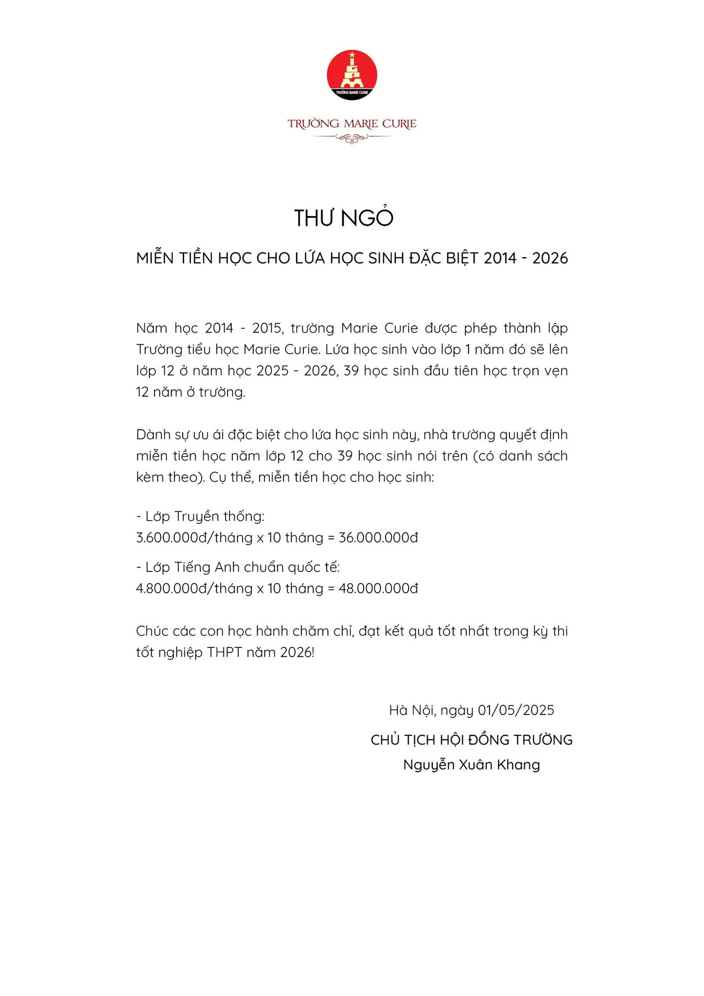 39 học sinh Hà Nội bất ngờ nhận thông báo miễn học phí, tổng lên đến 1,8 tỷ đồng- Ảnh 1. 39 học sinh Hà Nội bất ngờ nhận thông báo miễn học phí, tổng lên đến 1,8 tỷ đồng- Ảnh 1.