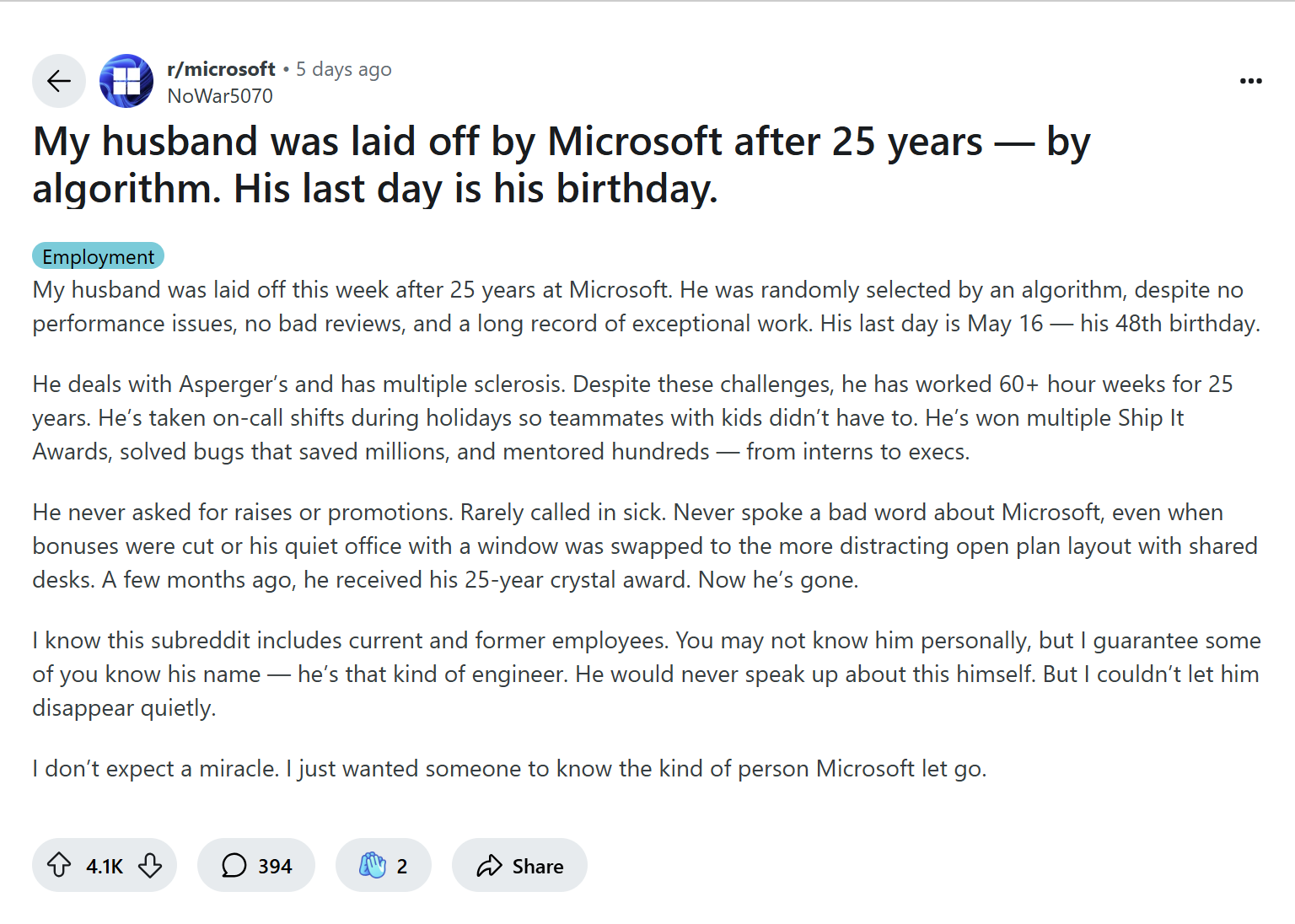 Câu chuyện đau lòng: Kỹ sư Microsoft 25 năm tuổi nghề bị sa thải bởi thuật toán vào đúng ngày sinh nhật- Ảnh 2. Câu chuyện đau lòng: Kỹ sư Microsoft 25 năm tuổi nghề bị sa thải bởi thuật toán vào đúng ngày sinh nhật- Ảnh 2.