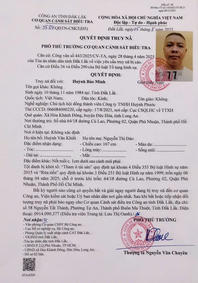 Truy nã cựu Chủ tịch HĐTV Công ty TNHH Huỳnh Phước vì tham ô tài sản và rửa tiền- Ảnh 1. Truy nã cựu Chủ tịch HĐTV Công ty TNHH Huỳnh Phước vì tham ô tài sản và rửa tiền- Ảnh 1.