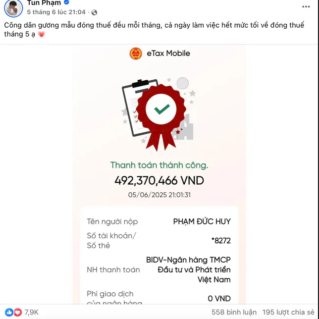 TikToker Tun Phạm khoe nộp thuế gần 500 triệu/tháng: Thu nhập "khủng" cỡ nào?- Ảnh 1.