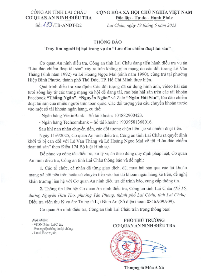 Vụ "Ngân Hải Sản": Công an tìm người đã chuyển tiền vào tài khoản 104882900423 của VietinBank, tài khoản 19039581368016 của Techcombank- Ảnh 1.