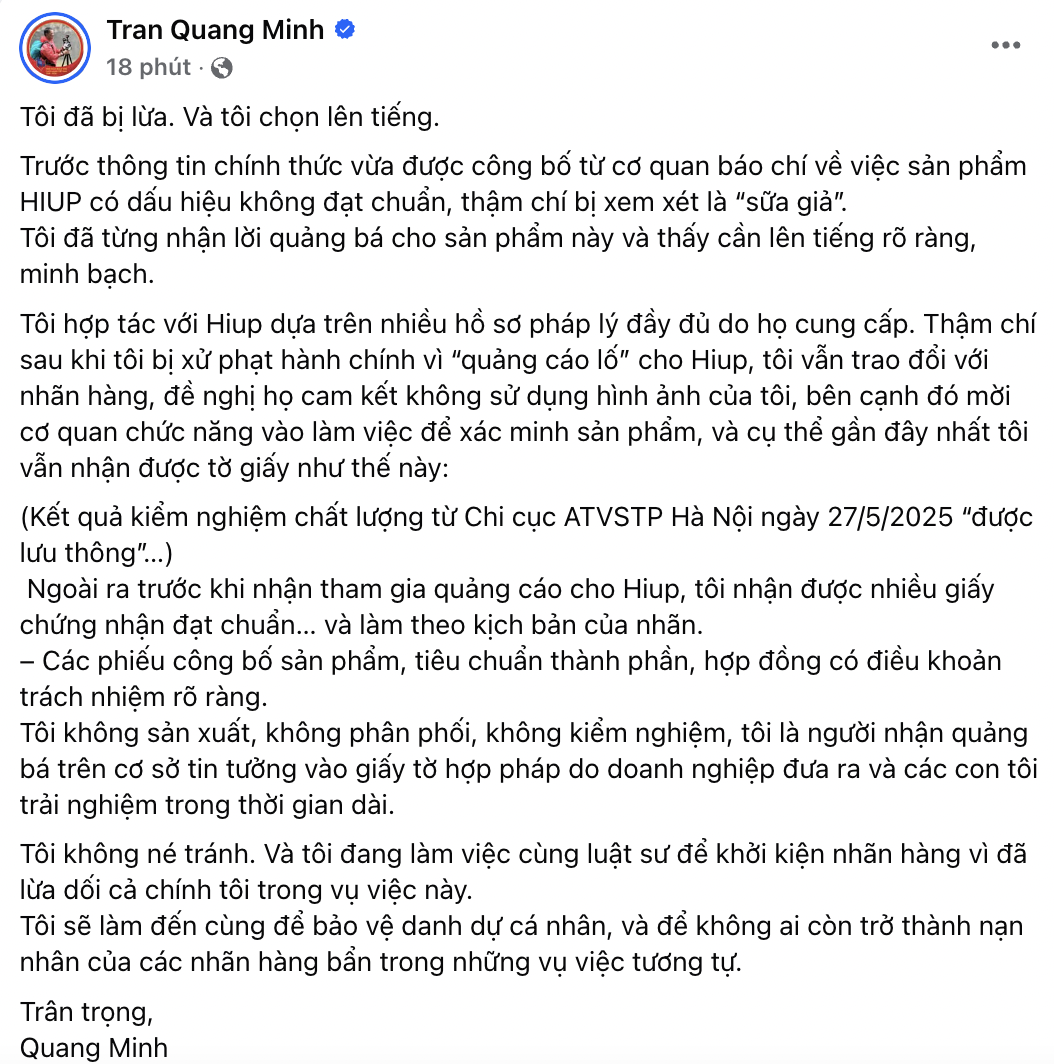Động thái bất ngờ của BTV Quang Minh trong vụ quảng cáo sữa HIUP- Ảnh 1. Động thái bất ngờ của BTV Quang Minh trong vụ quảng cáo sữa HIUP- Ảnh 1.