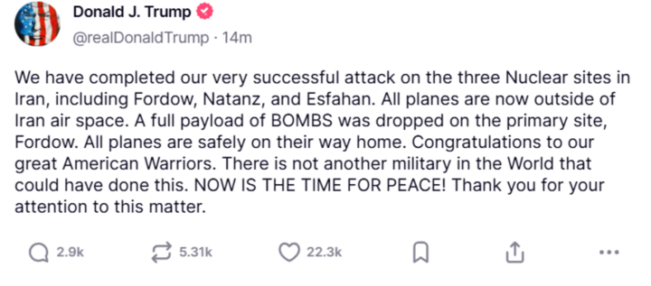 Tổng thống Trump: Mỹ đã không kích ba cơ sở hạt nhân Iran- Ảnh 1. Tổng thống Trump: Mỹ đã không kích ba cơ sở hạt nhân Iran- Ảnh 1.