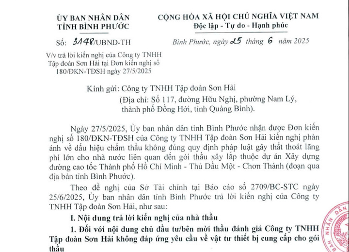 Tỉnh Bình Phước khẳng định chấm thầu đúng quy định, bác kiến nghị của Tập đoàn Sơn Hải- Ảnh 1. Tỉnh Bình Phước khẳng định chấm thầu đúng quy định, bác kiến nghị của Tập đoàn Sơn Hải- Ảnh 1.
