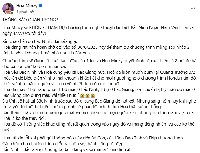 Hòa Minzy đưa ra thông báo quan trọng, liên quan đến sự kiện thành lập tỉnh Bắc Ninh mới- Ảnh 3. Hòa Minzy đưa ra thông báo quan trọng, liên quan đến sự kiện thành lập tỉnh Bắc Ninh mới- Ảnh 3.